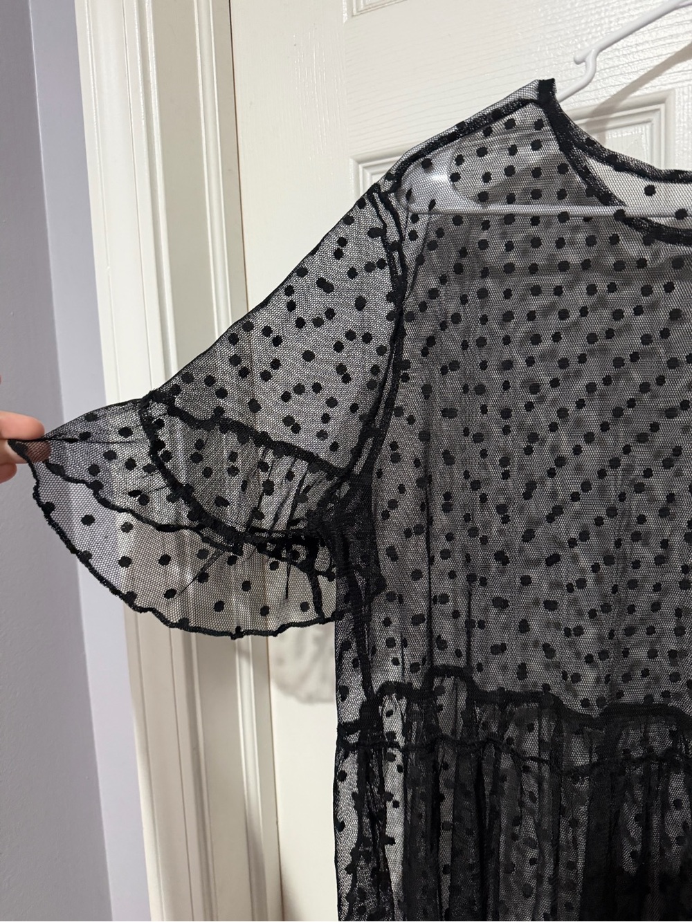 Black Polka Dot Mesh Ruffle Top - Picture 2 of 4